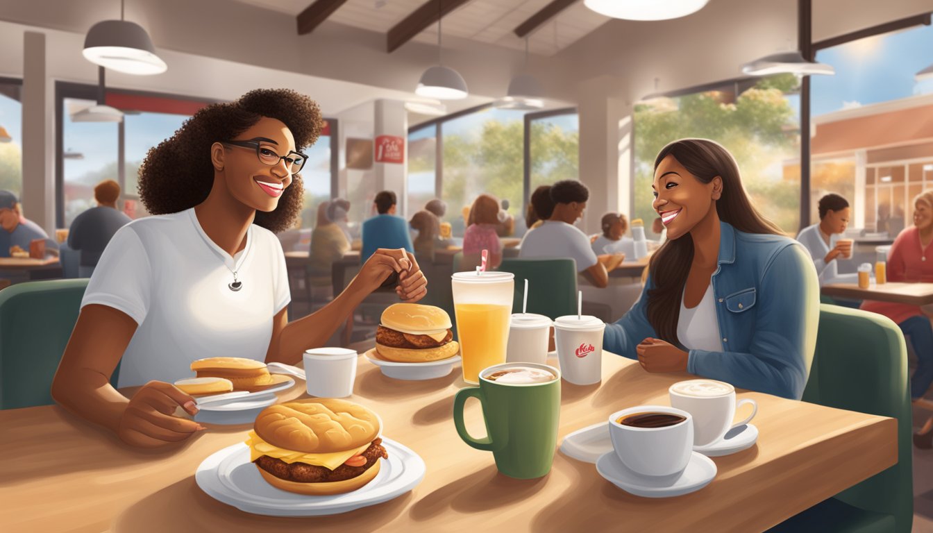 A cozy breakfast scene at Chick-fil-A, with a steaming cup of coffee, a delicious chicken biscuit, and a loyal customer enjoying the welcoming atmosphere