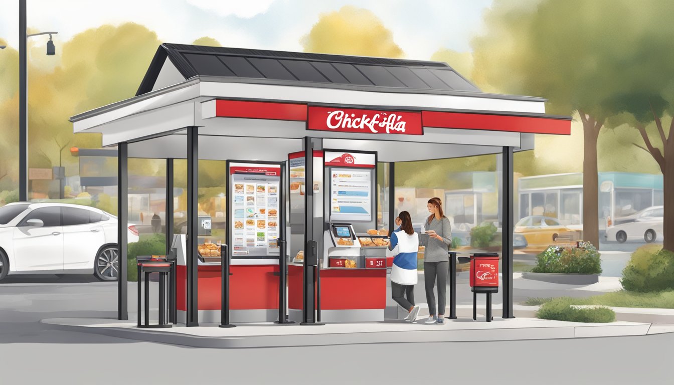 A customer using a smartphone to place a mobile order for Chick-fil-A breakfast at a drive-thru kiosk with digital menu boards