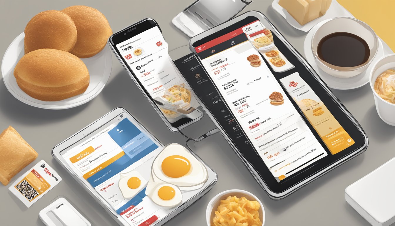 A smartphone displaying a Chick-fil-A breakfast menu with a mobile ordering app open, alongside a tablet showing a digital receipt and a QR code for pickup