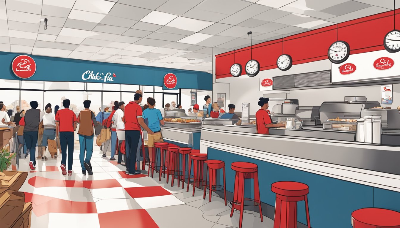 A bustling Chick-fil-A restaurant during breakfast rush, with customers eagerly waiting in line and the iconic red and white branding prominently displayed