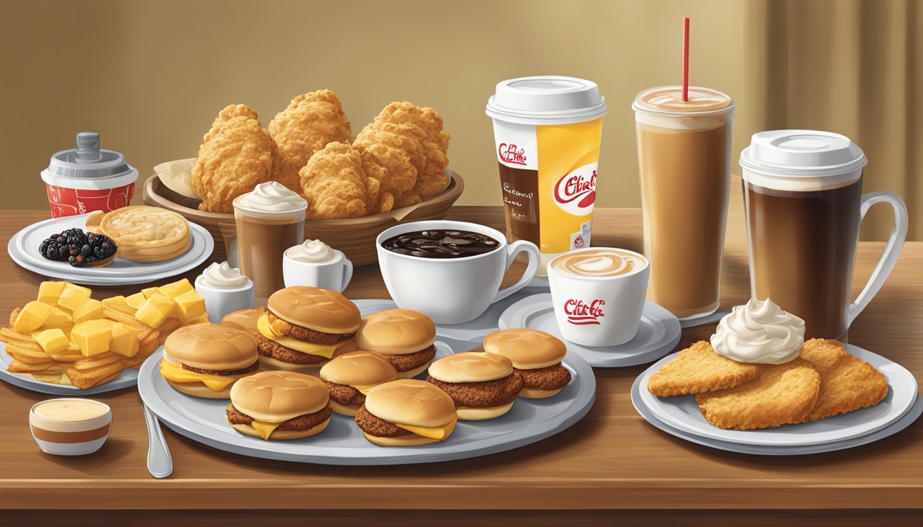 A table set with a variety of Chick-fil-A breakfast items, including biscuits, chicken, fruit, and coffee, arranged in an appealing and appetizing manner for photography