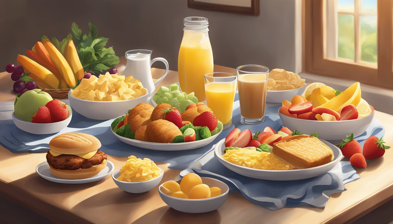 A table set with a variety of Chick-fil-A breakfast items, surrounded by colorful fruits and vegetables. Sunlight streams in, casting a warm glow over the scene