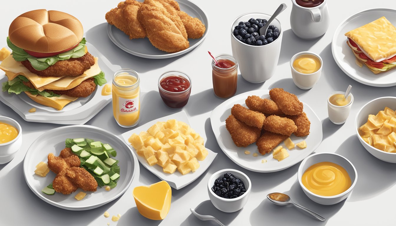 A beautifully arranged breakfast spread featuring Chick-fil-A's signature dishes, with carefully placed condiments and garnishes on a clean, white surface