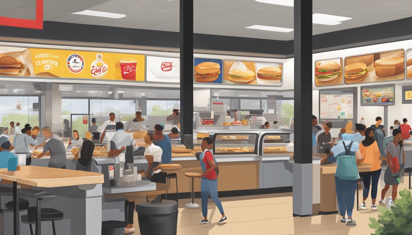 A bustling breakfast rush at Chick-fil-A, with customers lined up at the counter and drive-thru, while competitors' logos are visible in the background