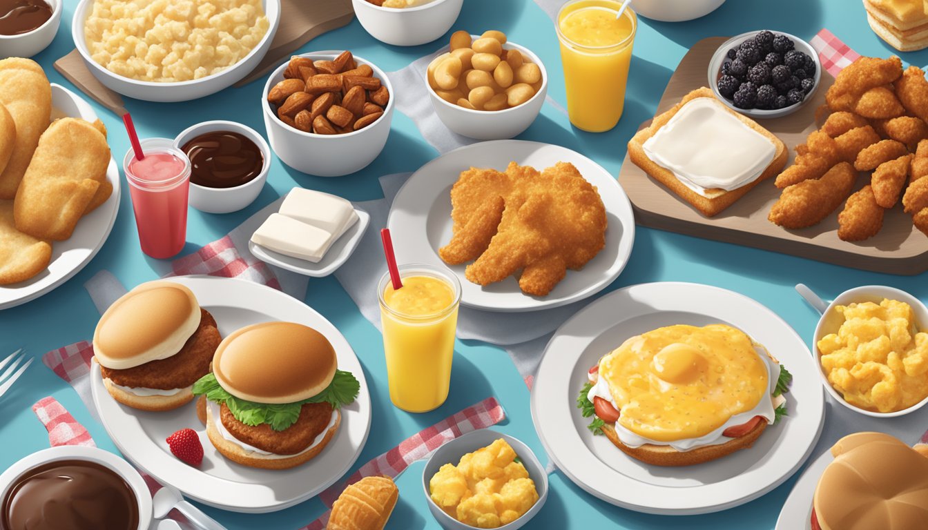 A table set with a variety of Chick-fil-A breakfast items, arranged with colorful props and natural lighting