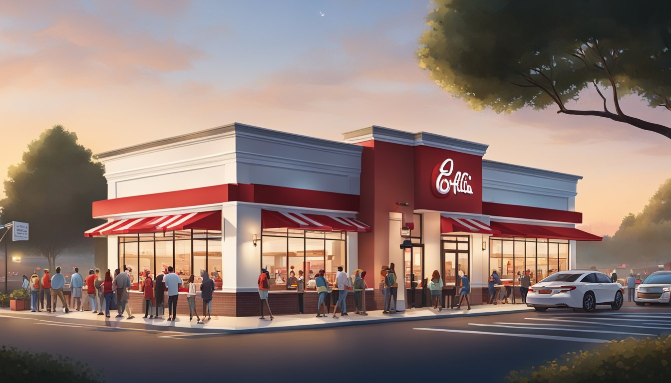 A bustling Chick-fil-A restaurant at dawn, with the iconic red and white exterior and a line of customers eagerly waiting for their breakfast orders