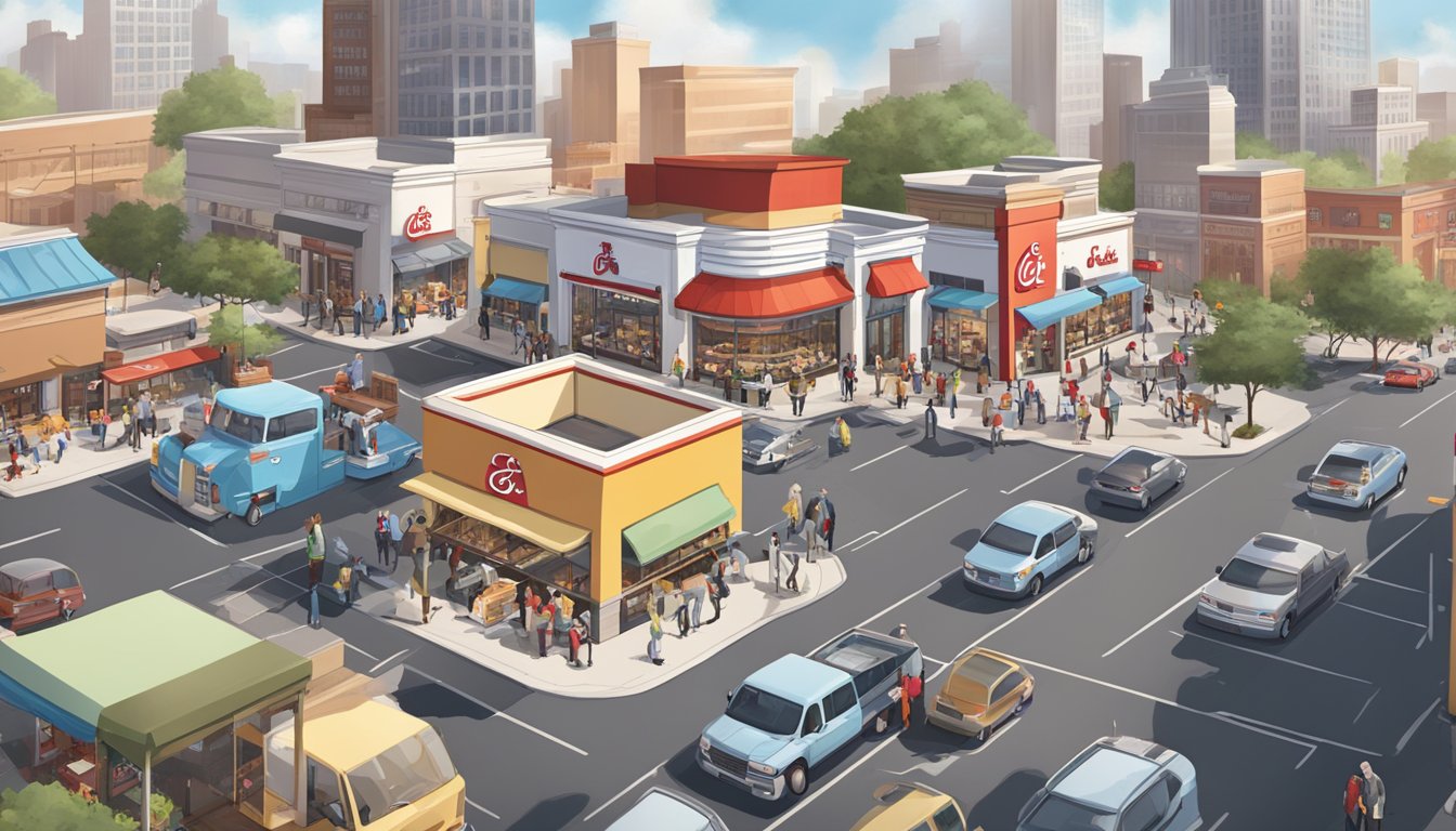 A bustling Chick-fil-A restaurant surrounded by competing breakfast chains in a busy cityscape