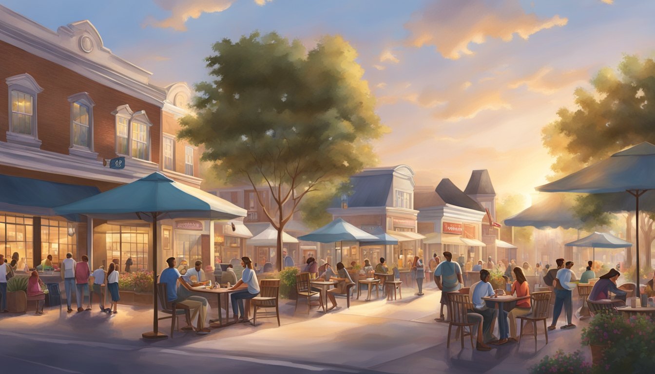 A bustling southern town square with a Chick-fil-A restaurant at sunrise, surrounded by locals enjoying breakfast and chatting