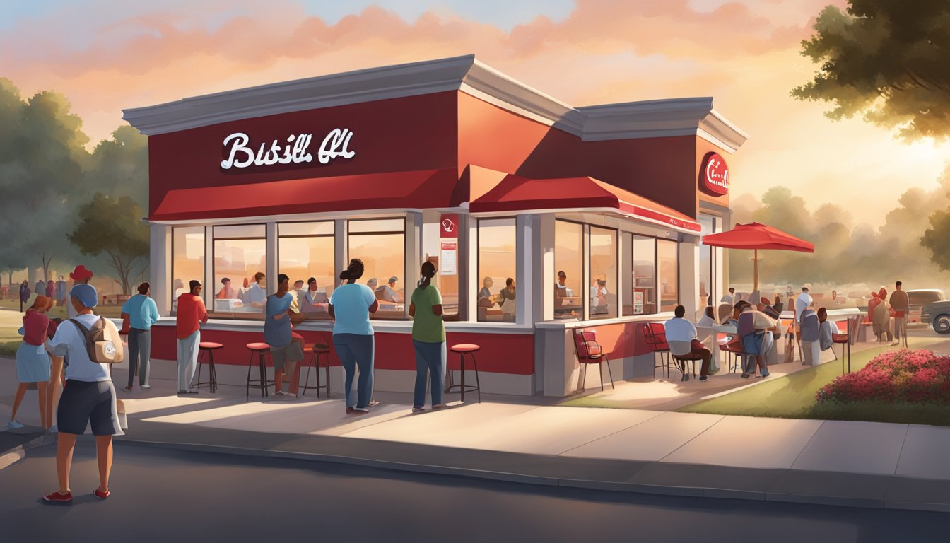 A bustling Chick-fil-A restaurant at sunrise, with a line of customers eagerly waiting for breakfast, while the iconic red and white signage stands out against the Southern landscape