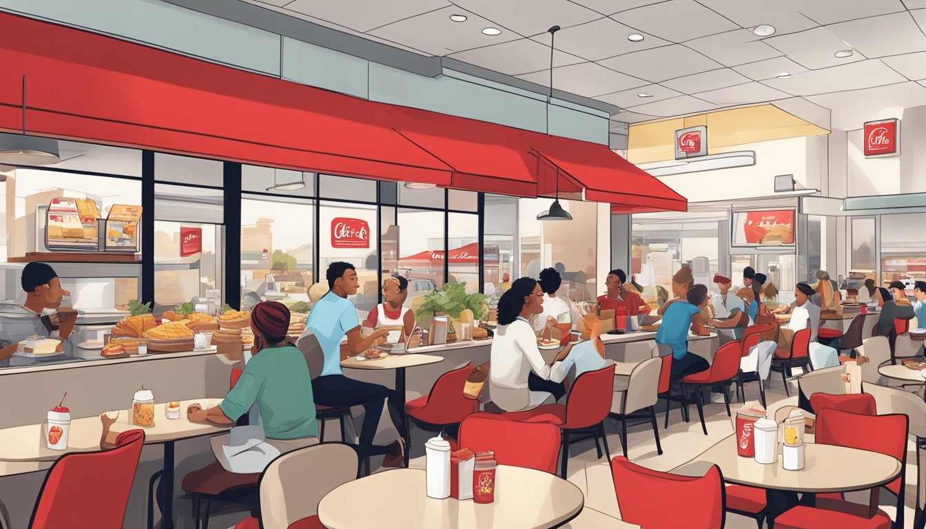 A bustling breakfast scene at a fast-food restaurant, with Chick-fil-A's signature red and white branding competing with other chains in the background