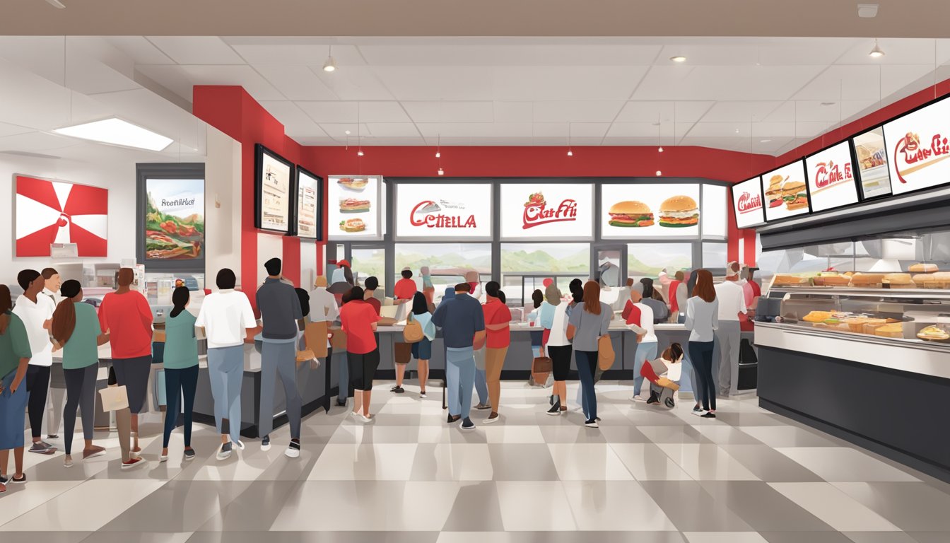 A bustling Chick-fil-A restaurant with a long line of customers eagerly waiting to order breakfast items, while the iconic red and white branding is prominently displayed