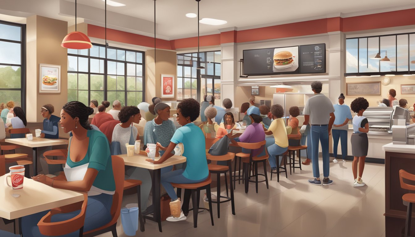 A bustling Chick-fil-A restaurant with a line of diverse customers eagerly waiting for their breakfast orders. The warm, inviting atmosphere reflects the brand's commitment to community impact