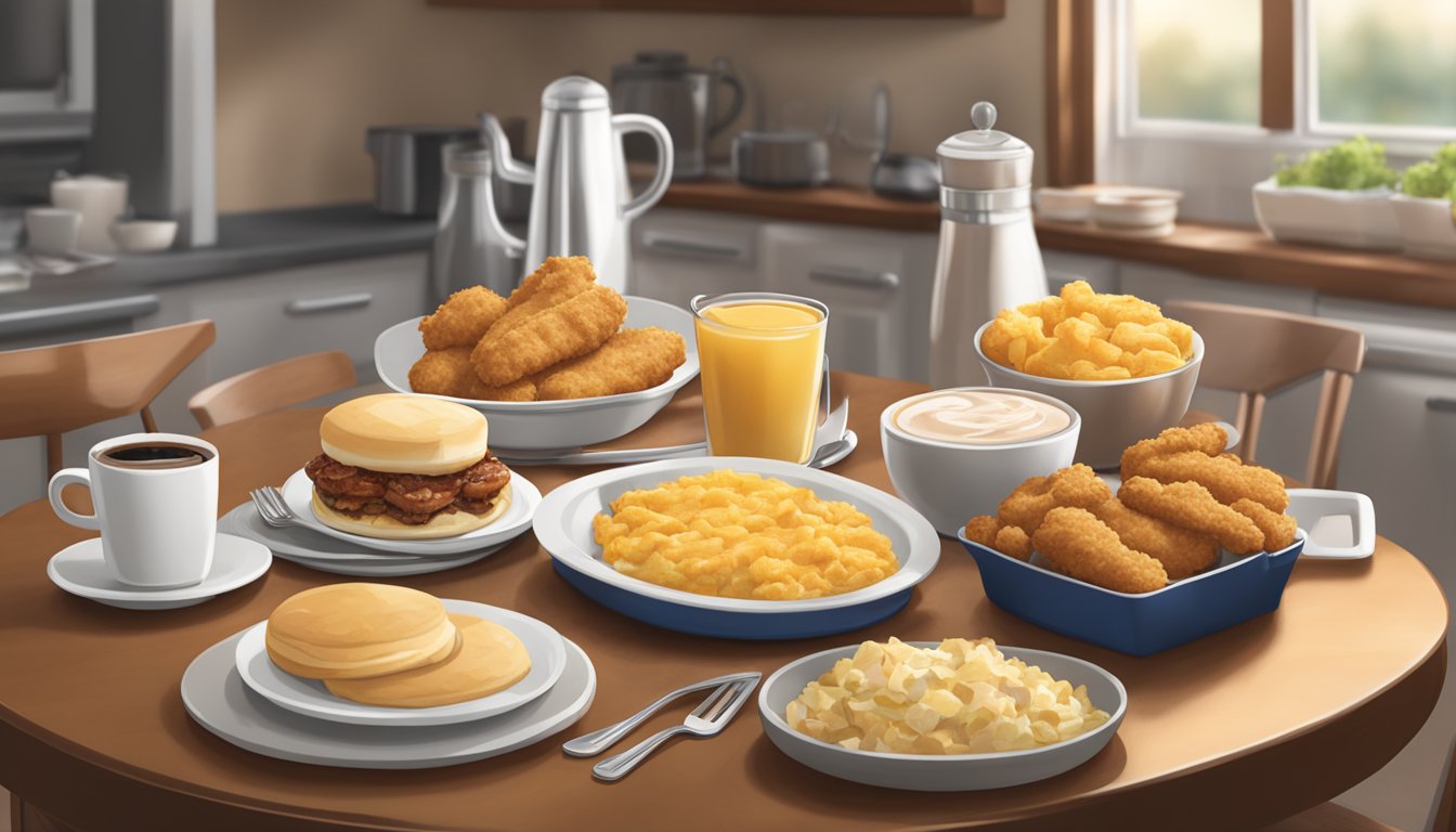 A table set with a variety of Chick-fil-A breakfast items, including chicken biscuits, hash browns, fruit, and coffee, with a cozy kitchen in the background