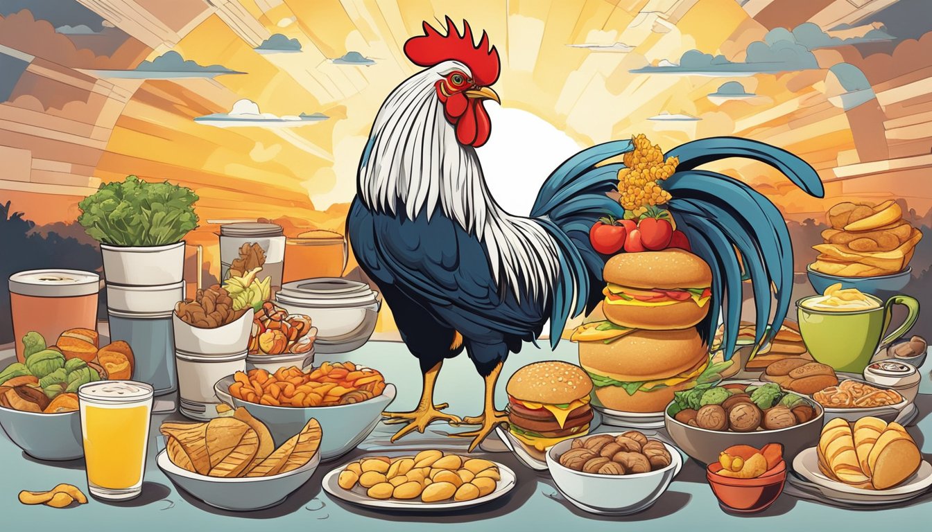 A rooster emerges from a sunrise, surrounded by a variety of breakfast items, symbolizing the evolution of fast food