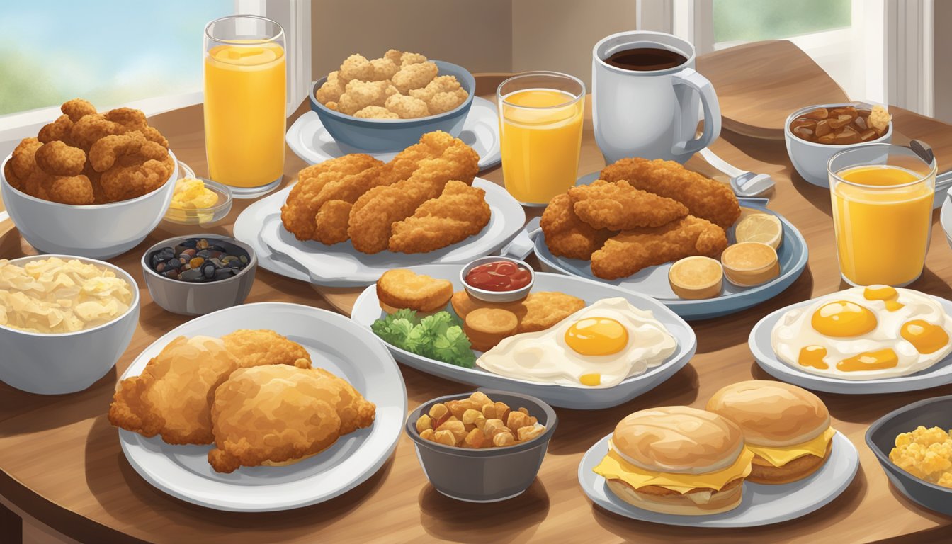 A family breakfast table with a variety of dishes, including chicken and biscuits, inspired by Chick-fil-A's breakfast menu