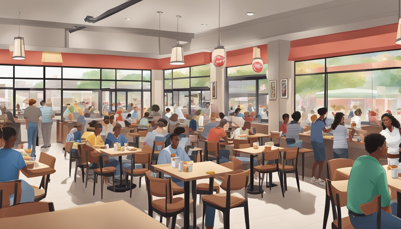 A bustling Chick-fil-A restaurant during breakfast hours, with a drive-thru line and customers enjoying their meals at tables