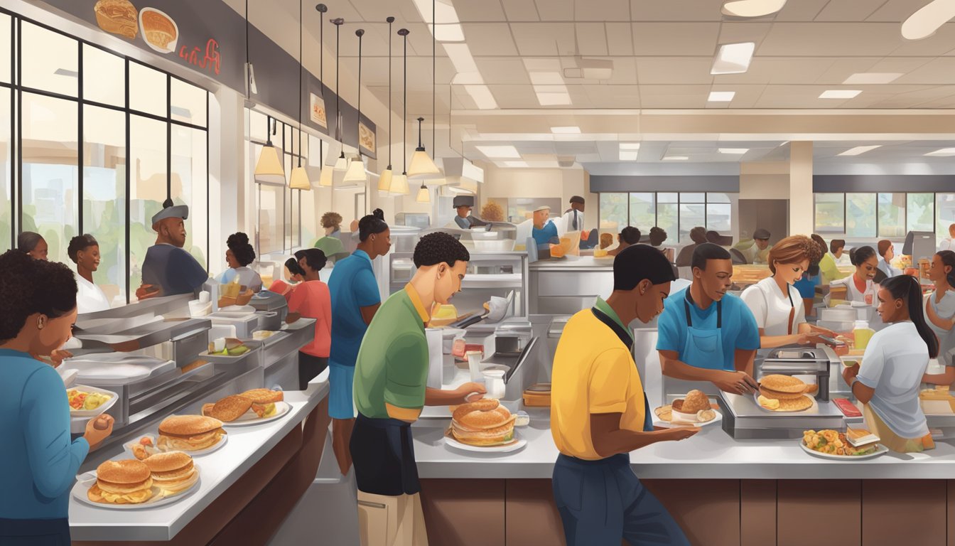 A bustling Chick-fil-A breakfast rush with customers ordering healthy options, while workers efficiently prepare and serve meals