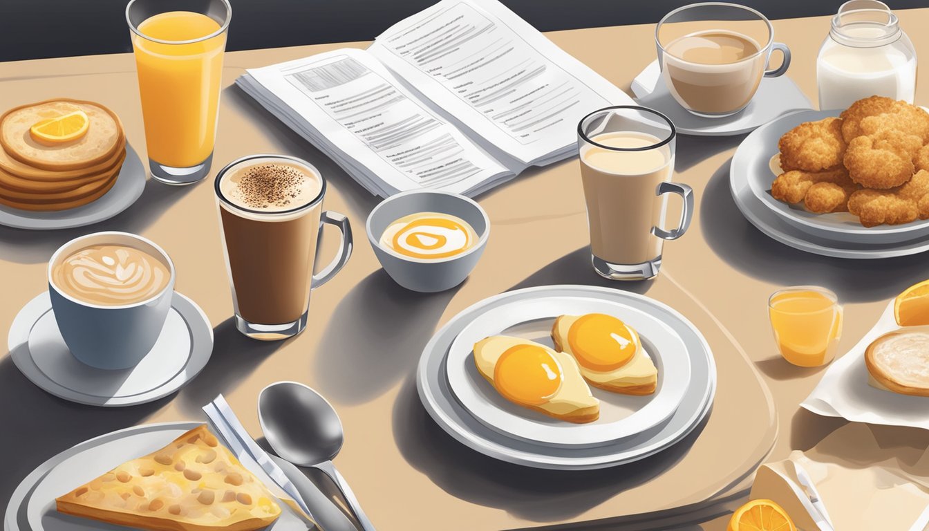 A table set with a variety of breakfast beverages, including coffee, orange juice, and milk, alongside a menu featuring Chick-fil-A's breakfast options