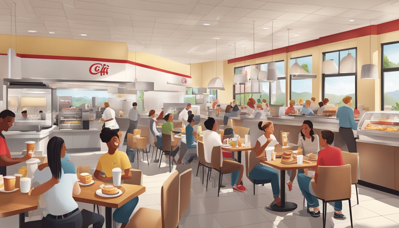 A bustling Chick-fil-A breakfast scene with employees serving customers in a clean, bright restaurant filled with happy patrons