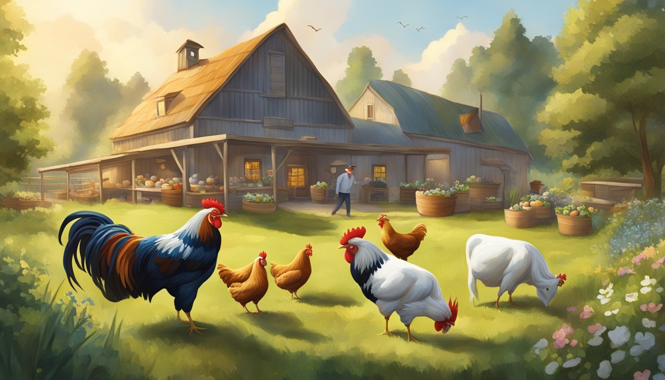 A sunny morning farm scene with a rooster crowing, a cow grazing, and a chef gathering fresh eggs and herbs for breakfast