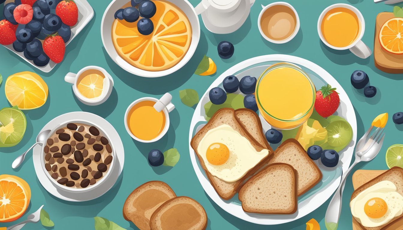 A colorful breakfast spread with a variety of fruits, eggs, and whole grain bread, accompanied by a glass of orange juice and a cup of coffee