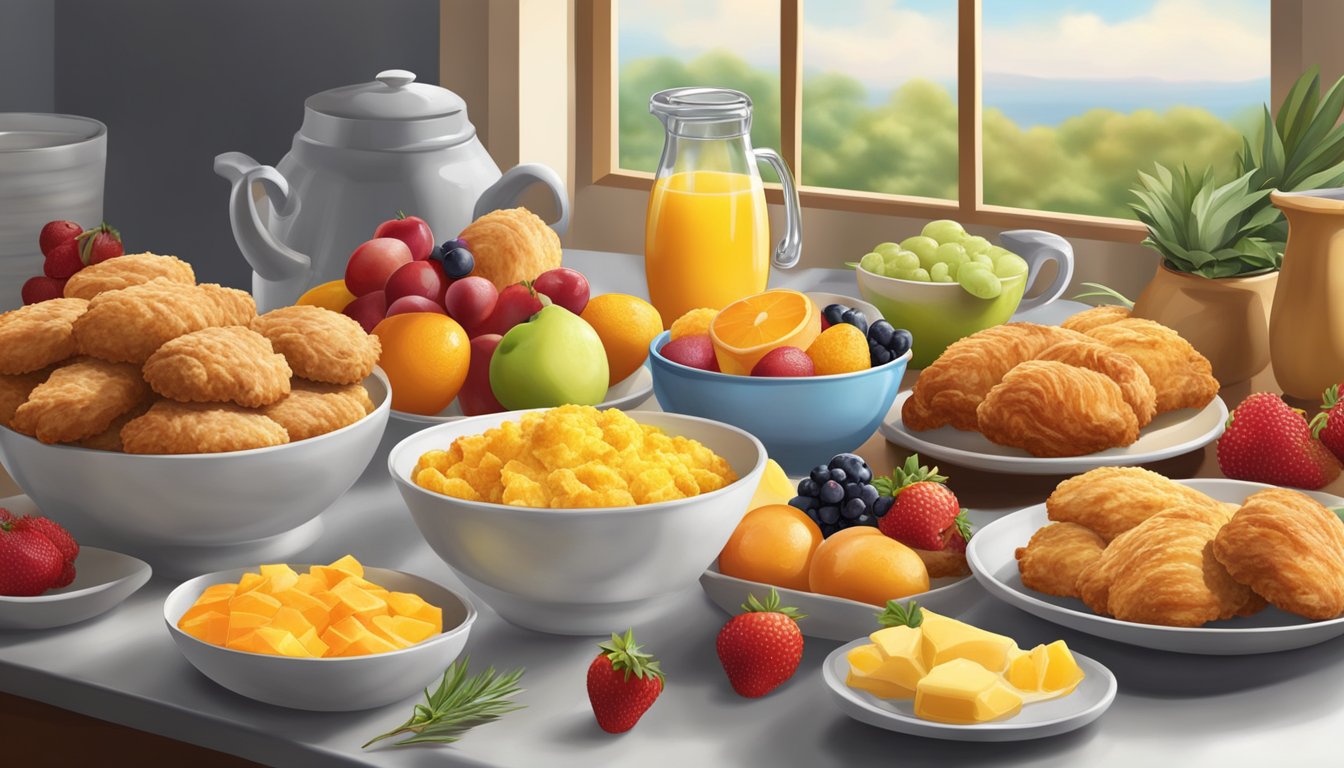 A colorful array of fresh breakfast ingredients, including crispy chicken, fluffy biscuits, and vibrant fruits, arranged in an inviting and appetizing display