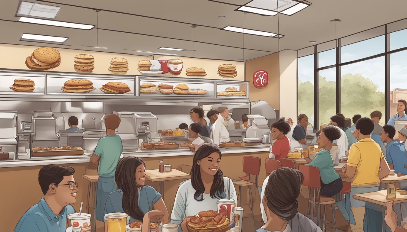 A bustling Chick-fil-A breakfast rush, with customers eagerly waiting in line and the aroma of sizzling bacon and warm biscuits filling the air