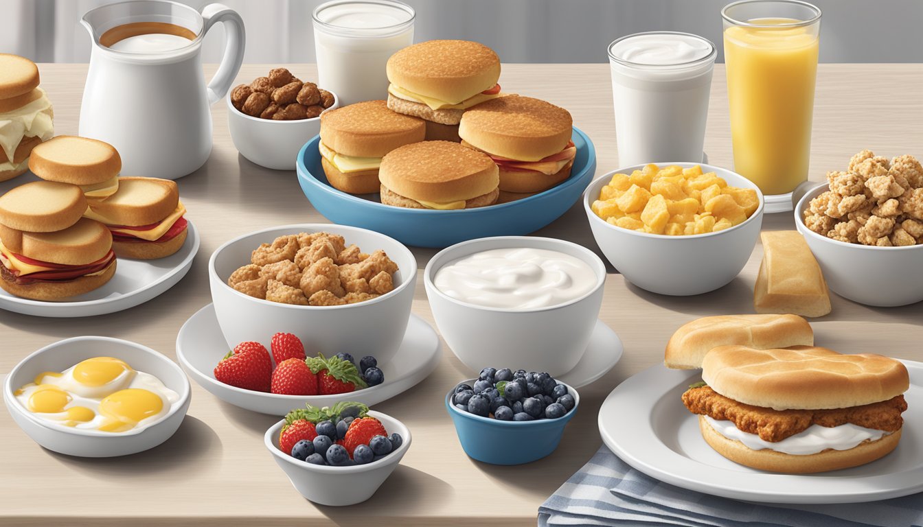 A table set with a variety of breakfast items from Chick-fil-A, including a balanced mix of healthy and indulgent options, such as yogurt parfaits and chicken biscuit sandwiches