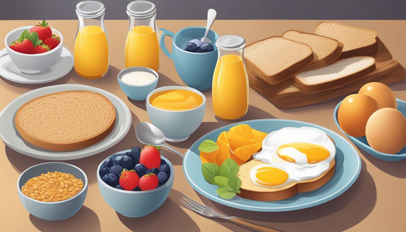 A colorful breakfast spread with a variety of food items, including fruits, yogurt, eggs, and whole grain bread, arranged neatly on a table