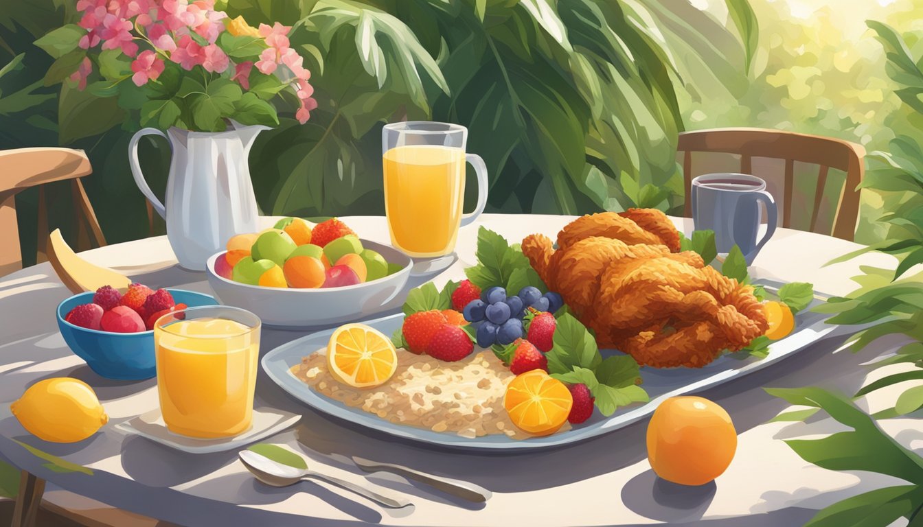 A table adorned with a colorful spread of fresh fruits, warm oatmeal, and a crispy chicken biscuit, surrounded by vibrant greenery and morning sunlight