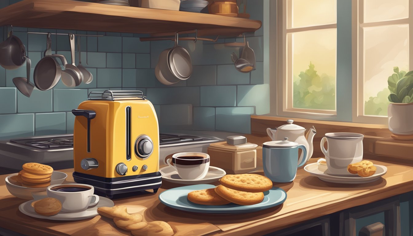 A cozy kitchen with a vintage toaster and a steaming cup of coffee, surrounded by old-fashioned breakfast items like biscuits and jam