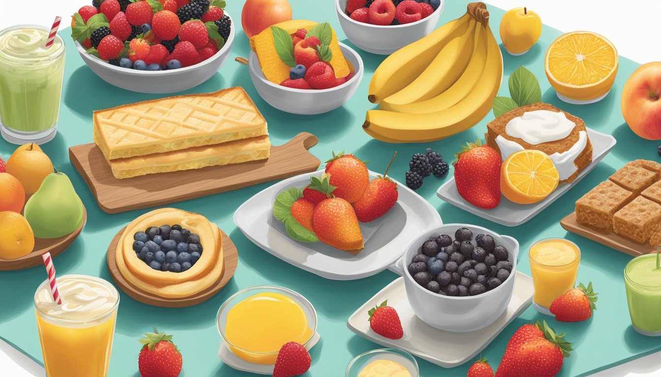 A colorful array of fresh fruits and wholesome breakfast options, balanced with indulgent treats, displayed on a vibrant Chick-fil-A menu board