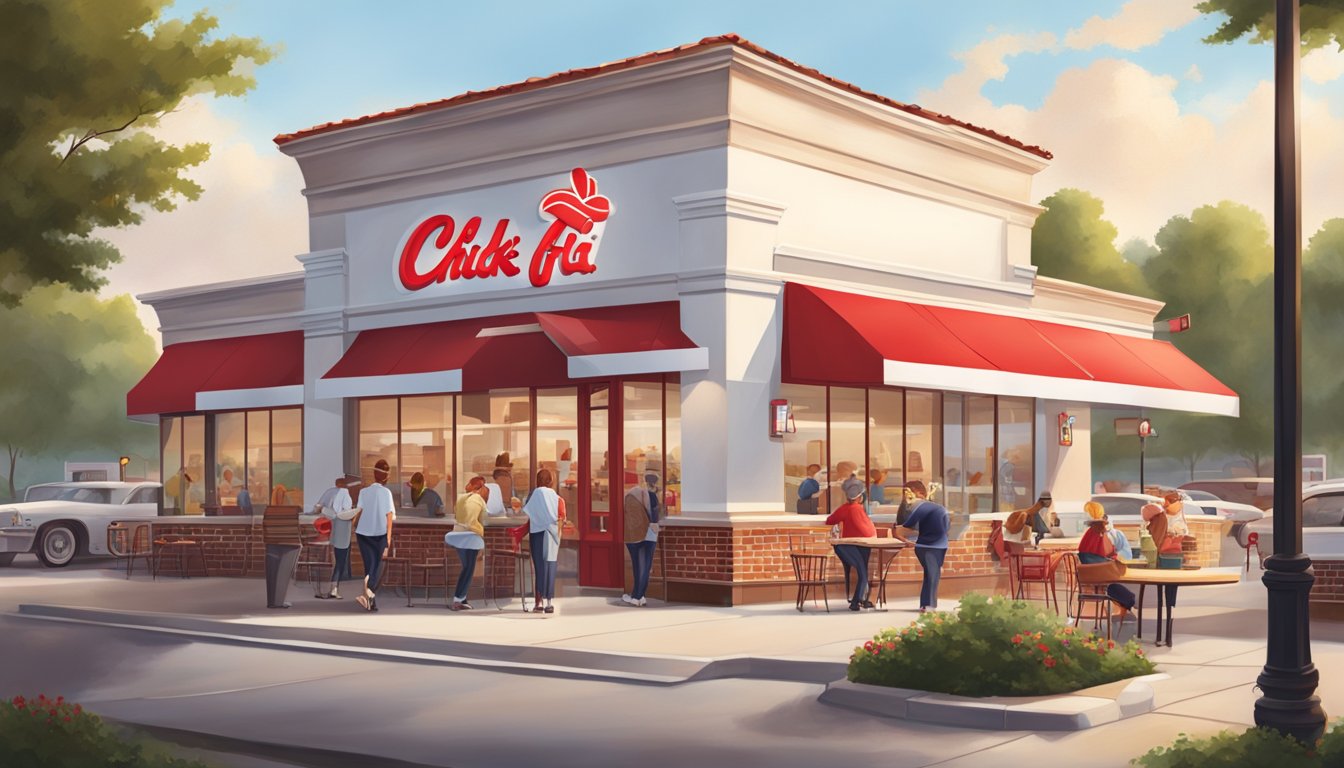 A cheerful morning scene at a Chick-fil-A restaurant, with the iconic red and white branding, a warm and inviting atmosphere, and a sense of nostalgia evoked through classic breakfast items