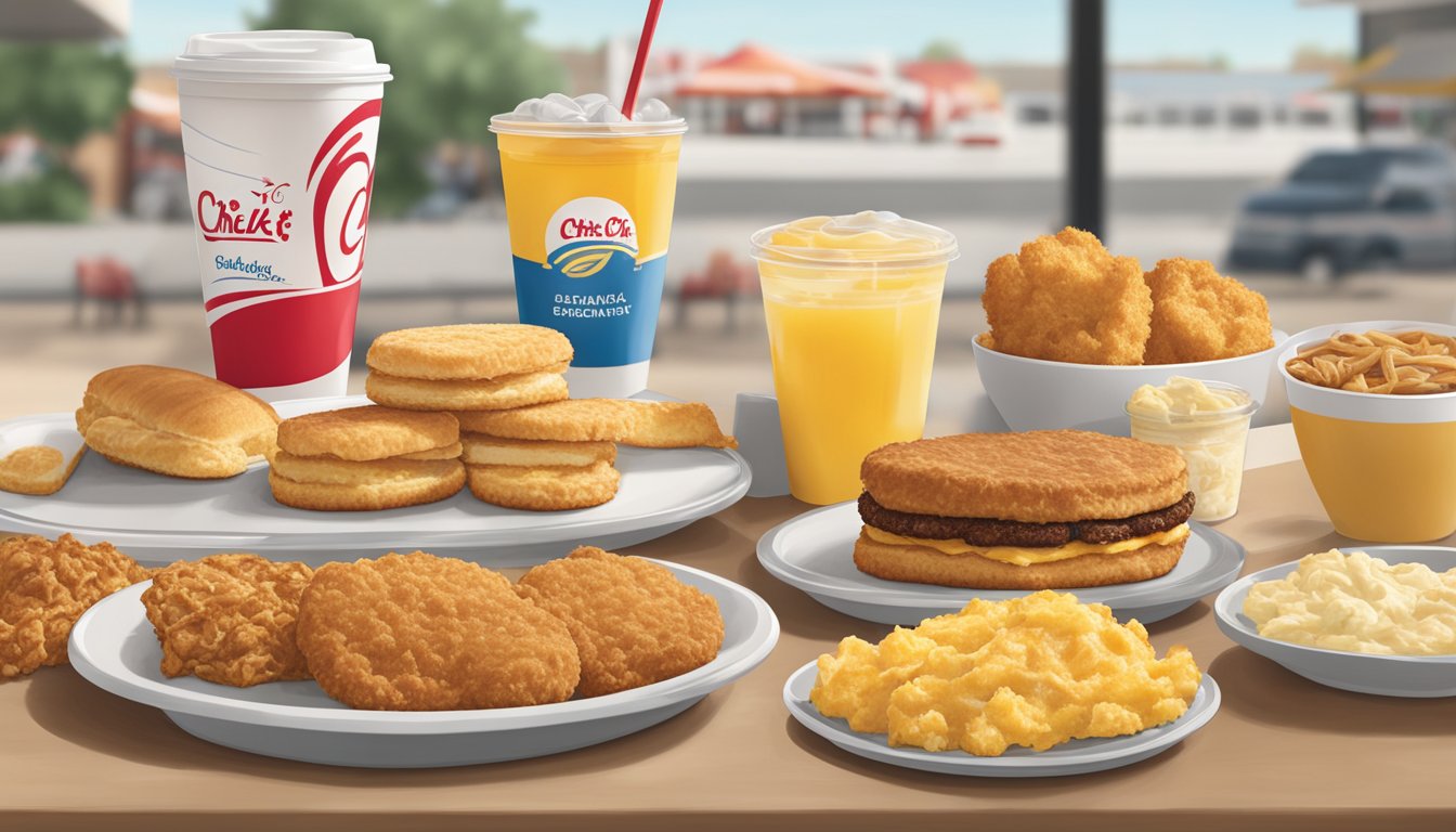 A colorful display of signature breakfast items at Chick-fil-A, including biscuits, chicken sandwiches, and hash browns, with the restaurant's logo prominently featured