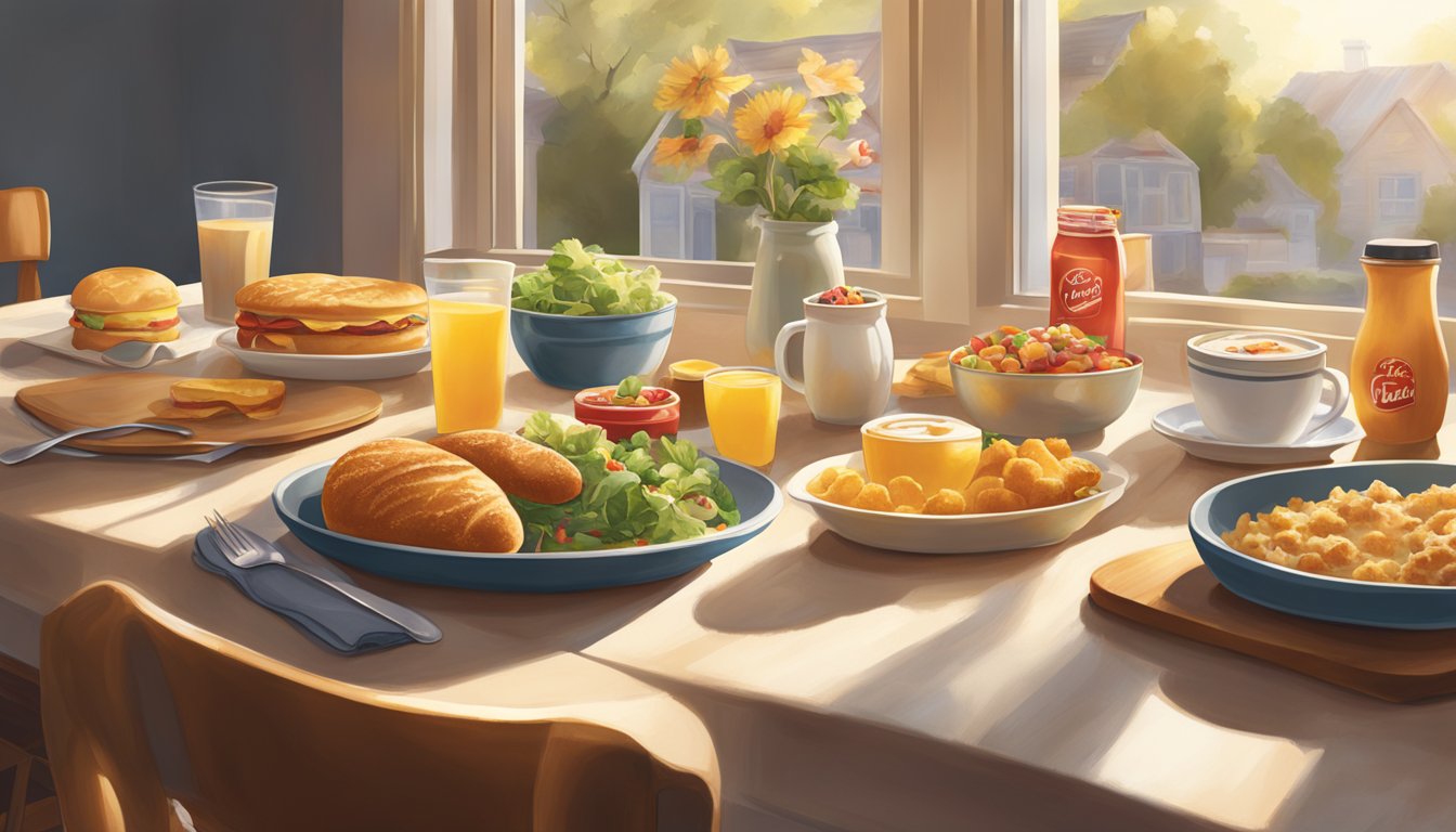 A cozy kitchen table set with a variety of innovative breakfast options, including Chick-fil-A's nostalgic menu items. Sunlight streams in through a window, casting a warm glow over the scene