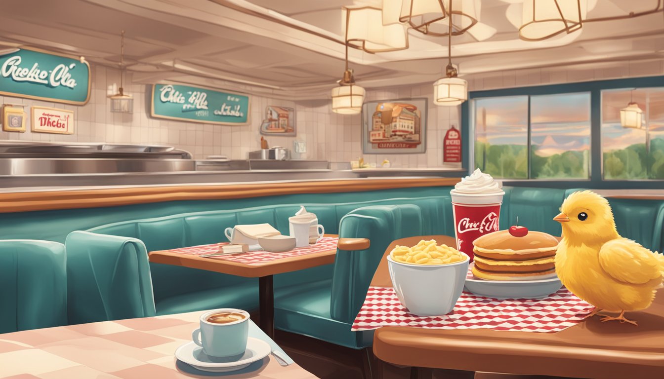 A cozy, retro-style diner with warm lighting and vintage decor. A table set with a classic Chick-fil-A breakfast spread, evoking feelings of nostalgia