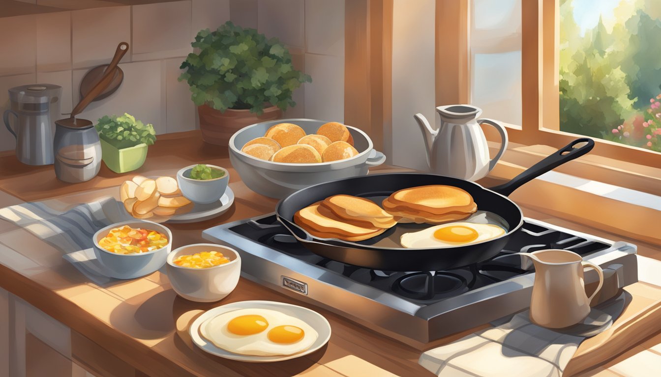 A cozy kitchen with sunlight streaming in, featuring a sizzling skillet of breakfast foods and a warm, inviting atmosphere