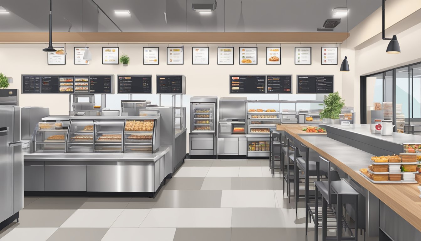 A modern kitchen with digital ordering kiosks, mobile order pickup shelves, and a conveyor belt for efficient breakfast service at Chick-fil-A