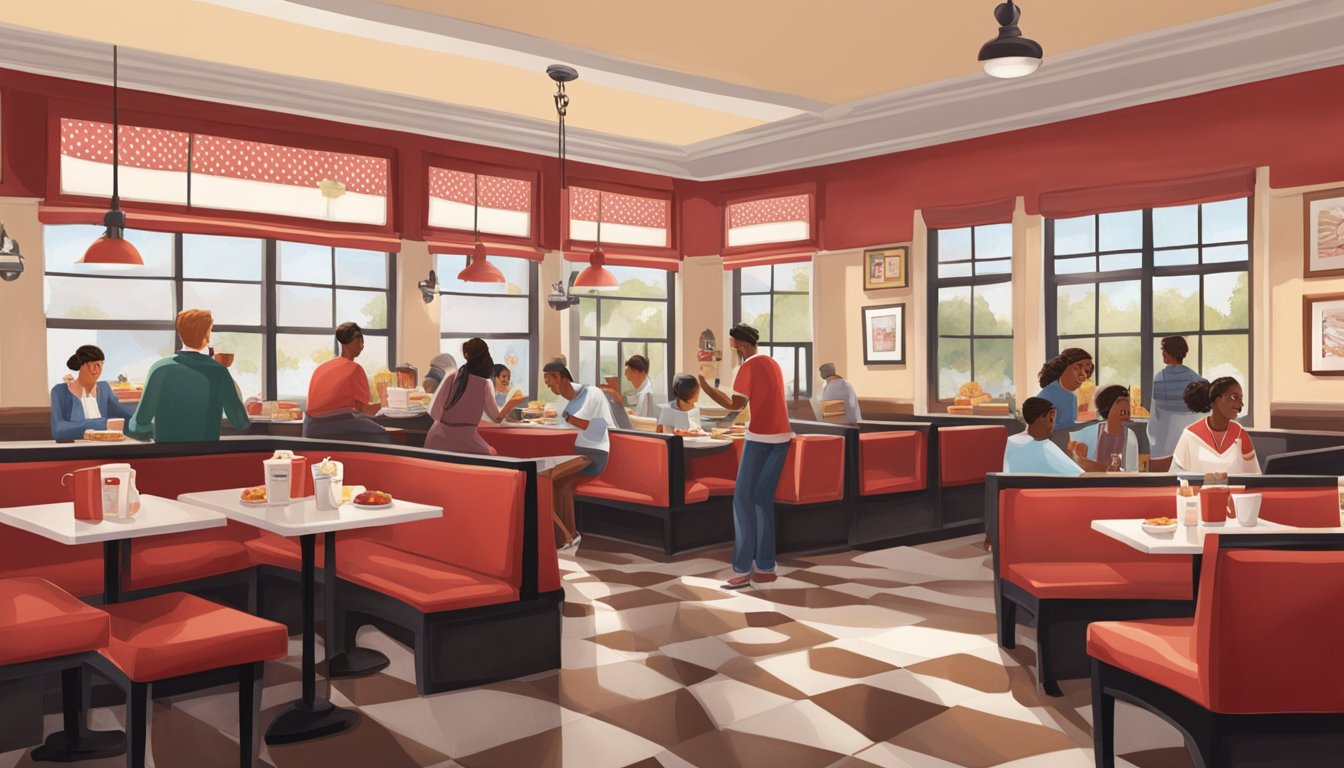 A bustling Chick-fil-A restaurant at breakfast time, with customers enjoying their meals in a cozy, nostalgic atmosphere. The iconic red and white decor adds to the warm and inviting ambiance