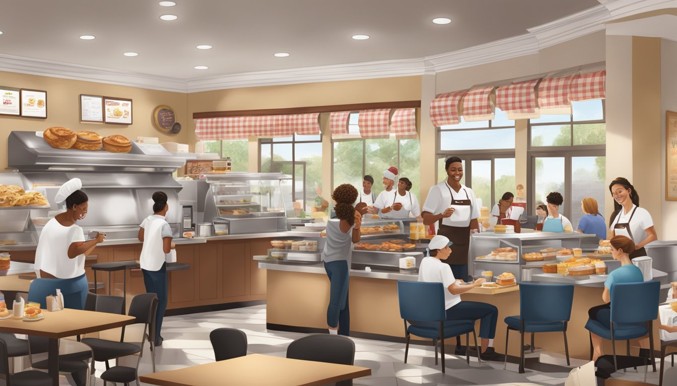 A bustling Chick-fil-A breakfast scene with a variety of customizable menu items and friendly staff assisting customers