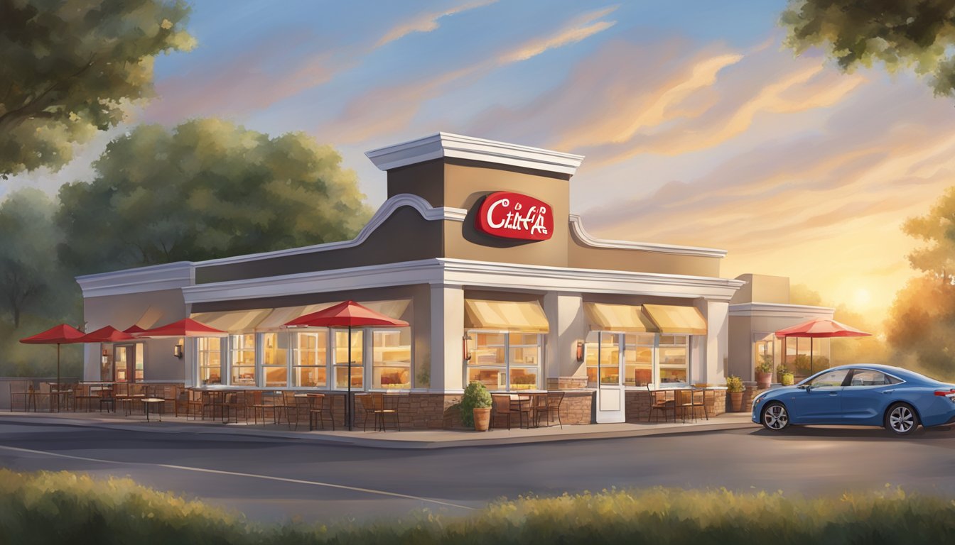 A sun rising over a Chick-fil-A restaurant, with a variety of breakfast items displayed on the menu board outside