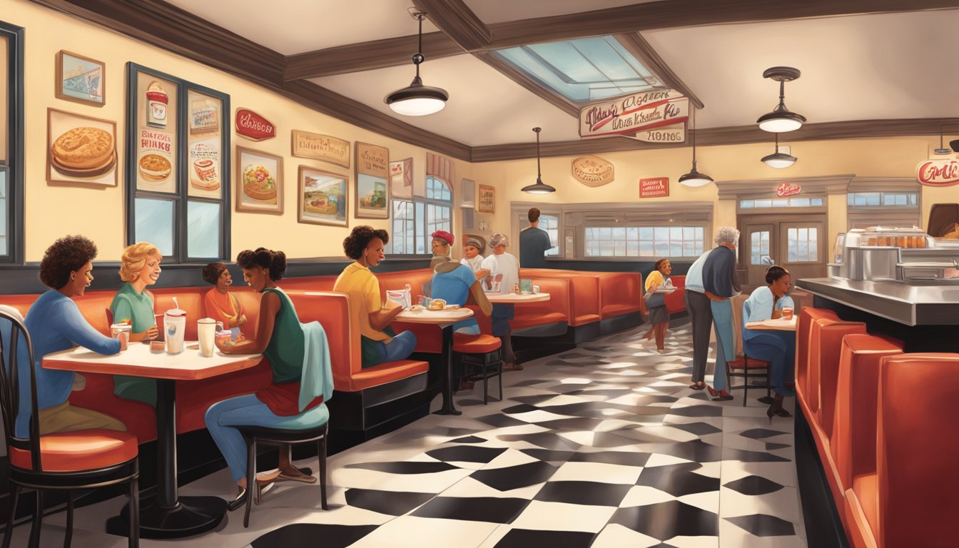 A cozy, vintage-inspired diner with warm lighting and a welcoming atmosphere. A nostalgic wall decor featuring classic Chick-fil-A breakfast items and happy customers enjoying their meals