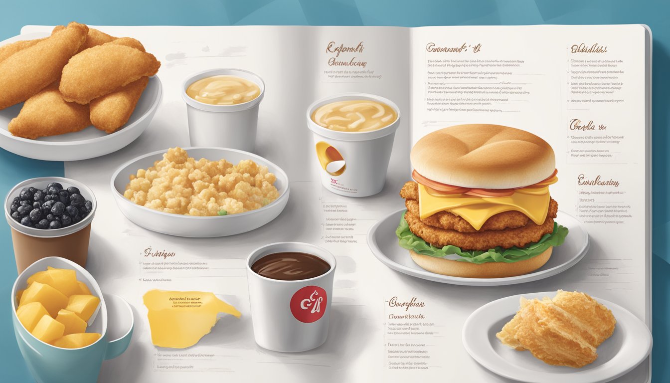 A colorful Chick-fil-A breakfast menu displayed against a backdrop of the company's core values and policies, emphasizing brand consistency and transparency