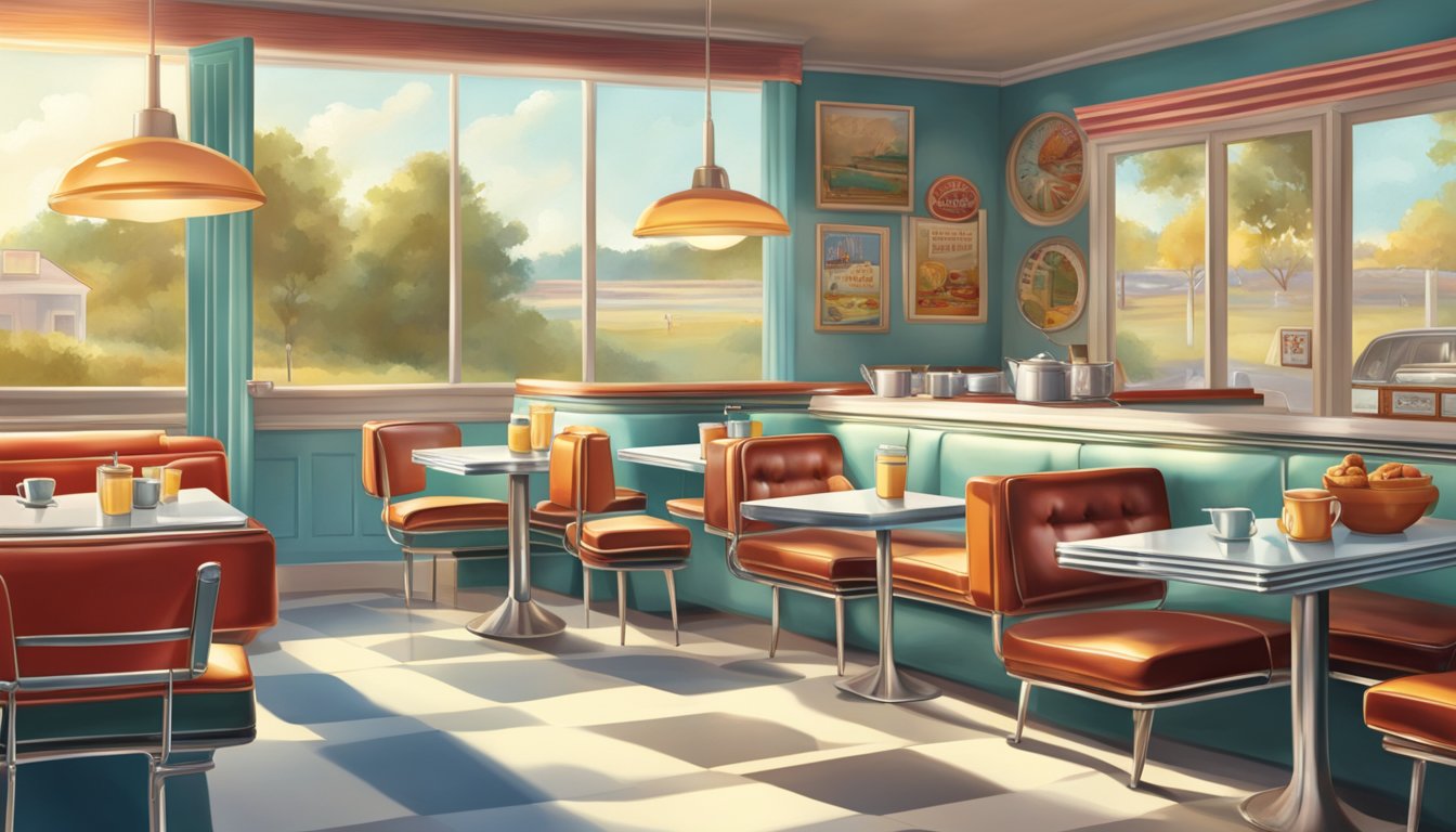 A sunny morning with a vintage diner setting, featuring classic breakfast items and nostalgic memorabilia