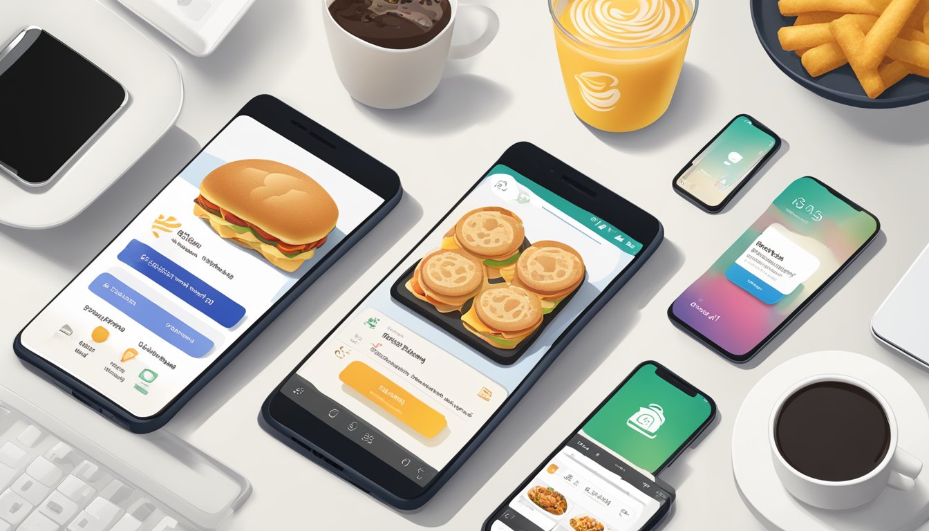 A smartphone displaying the Chick-fil-A app with breakfast menu options, surrounded by various technological devices and integration symbols