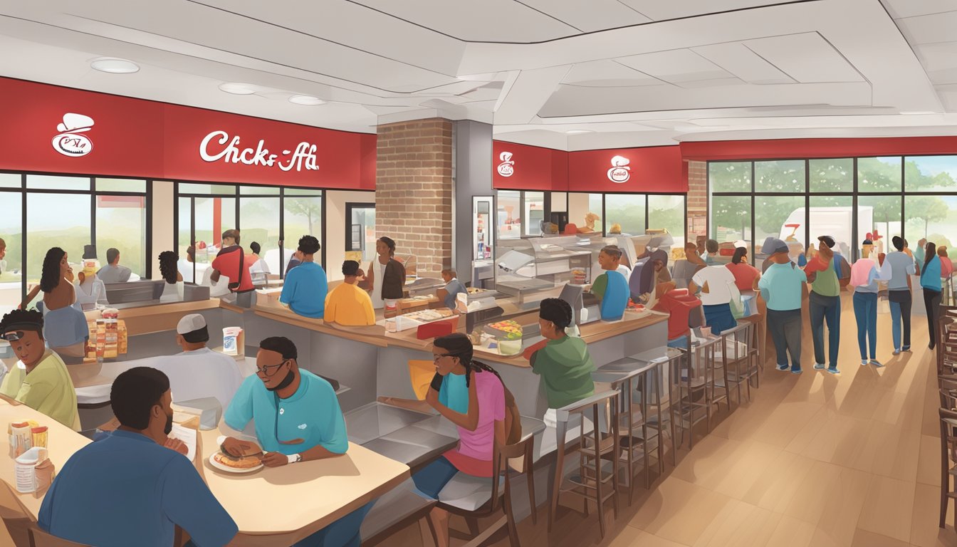 A bustling Chick-fil-A restaurant with a line of customers eagerly waiting to order from the consistent and delicious breakfast menu. Tables are filled with engaged and satisfied patrons