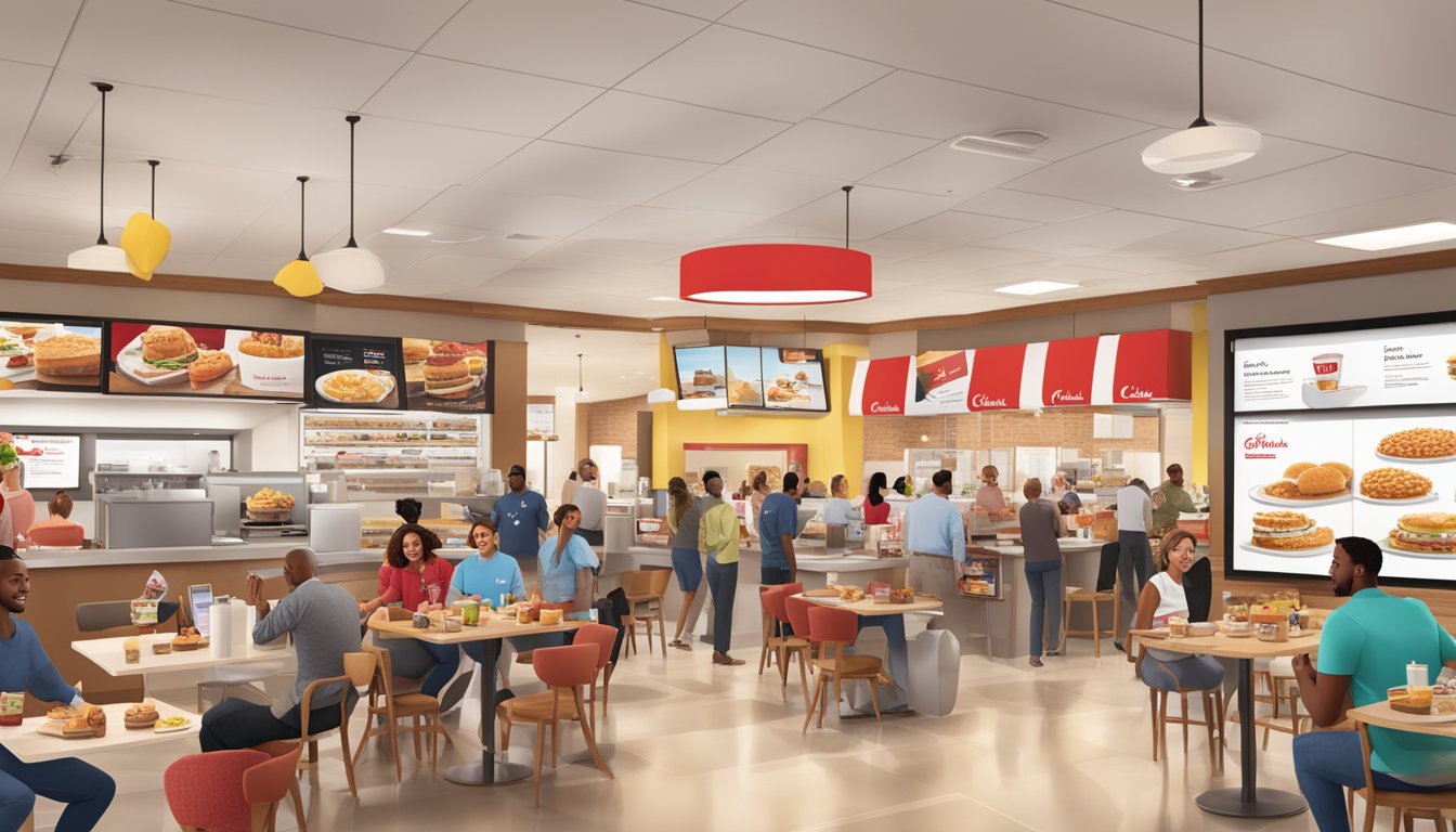 A vibrant display of Chick-fil-A breakfast items, surrounded by cheerful customers and staff, with promotional signage and digital screens showcasing the future menu offerings