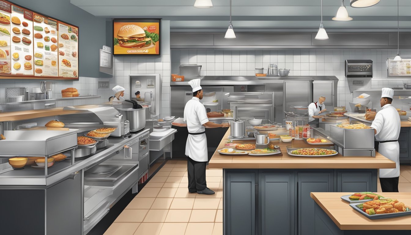 A bustling kitchen with chefs preparing a variety of breakfast items, while a Wendy's menu board prominently displays the evolution of their breakfast offerings since launch