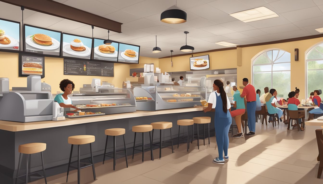 A busy Chick-fil-A restaurant during breakfast hours, with diverse customers enjoying their meals at tables and a friendly staff member taking orders at the counter