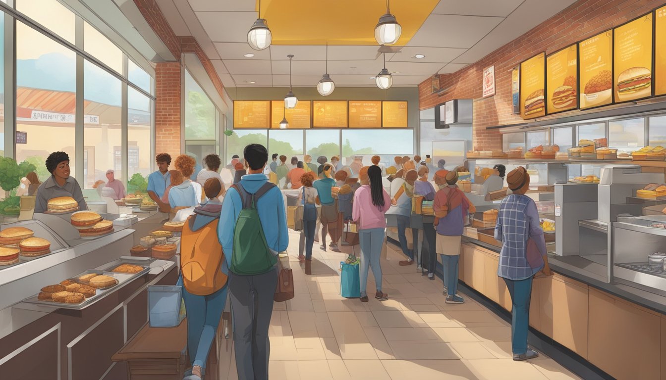 A bustling morning scene at a Wendy's restaurant, with various breakfast items displayed on the menu board and customers eagerly ordering. Outside, market conditions and external factors influence the evolving menu